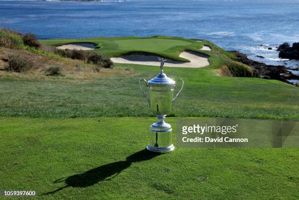 The United States Open Championship trophy placed on the par 3, seventh tee during the USGA 2019 US Open Championship media preview day at Pebble...
