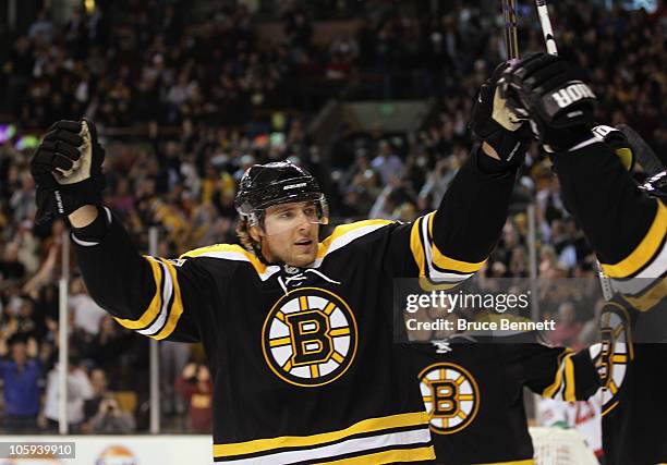 Blake Wheeler of the Boston Bruins celebrates a first period goal against the Washington Capitals at the TD Garden on October 21, 2010 in Boston,...