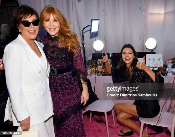 Kris Jenner, Charlotte Tilbury, and Kendall Jenner pose backstage during the 2018 Victoria's Secret Fashion Show in New York at Pier 94 on November...