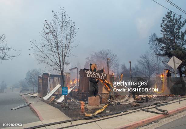 The Blackbear Diner burns as the Camp fire tears through Paradise, California on November 8, 2018. More than 18,000 acres have been scorched in a...
