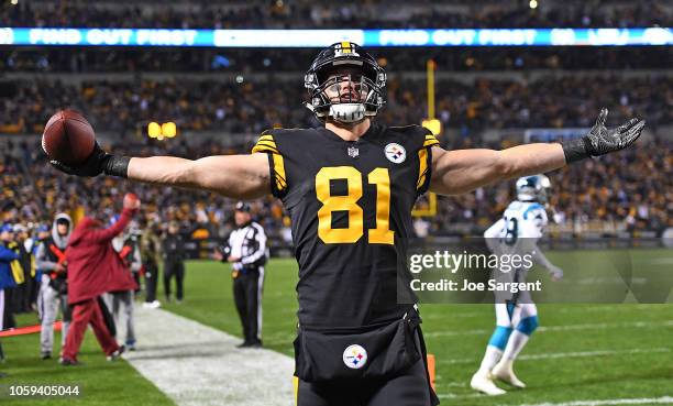 Jesse James of the Pittsburgh Steelers celebrates after a 8 yard touchdown reception during the third quarter in the game against the Carolina...