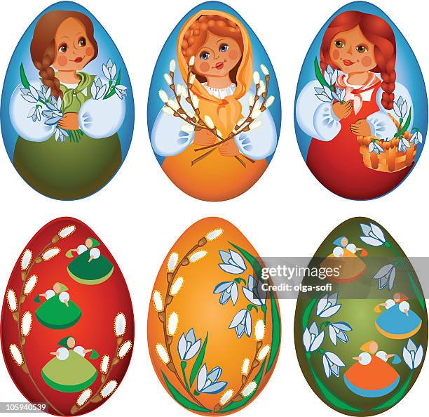 easter eggs - willow tree white background stock illustrations