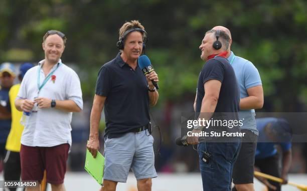 Talk Sport presenters Mark Nicholas and Darren Gough entertain the nation during Day Four of the First Test match between Sri Lanka and England at...