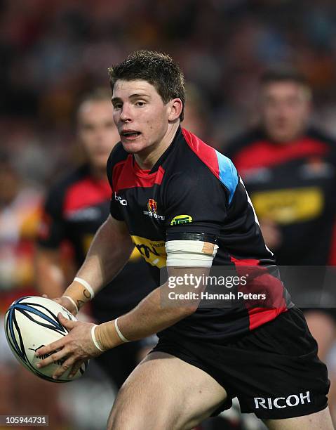 Colin Slade of Canterbury looks to pass the ball out during the round 13 ITM Cup match between Waikato and Canterbury at Waikato Stadium on October...