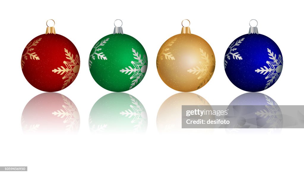 A creative arrangement of four multi coloured, different colored blue, golden, green and red merry christmas baubles design with snowflakes - vector Illustration. Over white. crisp Shadows