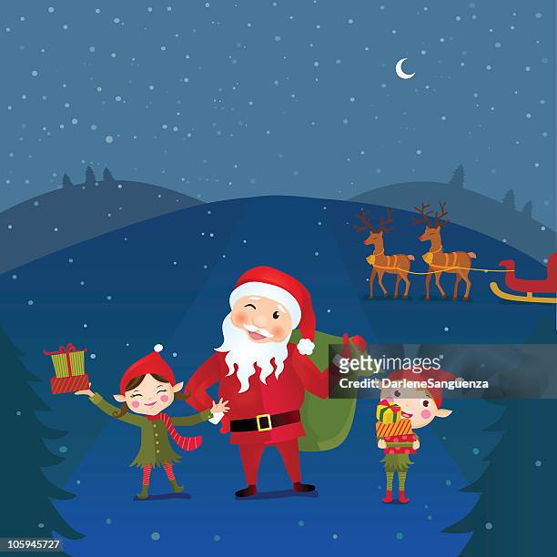 santa claus and his elves friend - claus lange stock illustrations