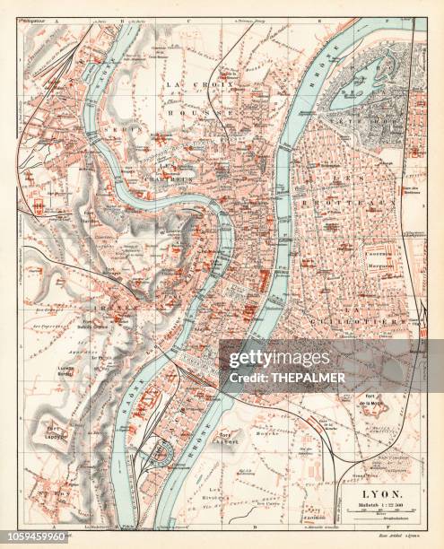 lyon city map 1895 - rhone stock illustrations