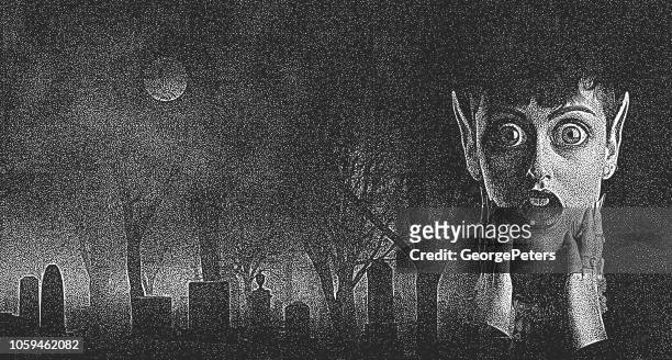 scary woman monster with shocked expression in spooky cemetery - gray alien stock illustrations
