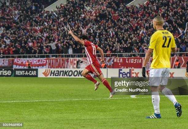 Olympiacoss Lazaros Christodoulopoulos react after scoring during the UEFA Europa League soccer match between Olympiacos Piraeus and F91 Dudelange at...