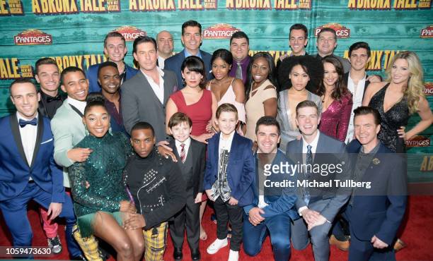 Cast members pose for a photo during the Los Angeles opening night performance of "A Bronx Tale" at the Pantages Theatre on November 8, 2018 in...