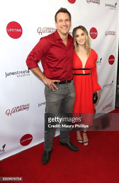 Adam Mayfield and Kelly Jakie arrive at Lifetime's "Christmas Harmony" Premiere at Harmony Gold Theater on November 7, 2018 in Los Angeles,...