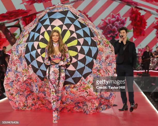 Gigi Hadid walks the runway as Shawn Mendes performs during the 2018 Victoria's Secret Fashion Show at Pier 94 on November 8, 2018 in New York City.