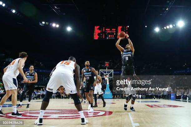 Corey Webster of the Breakers takes a jumpshot during the round five NBL match between the New Zealand Breakers and the Cairns Taipans at Spark Arena...