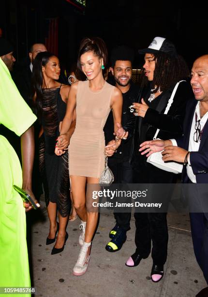 Bella Hadid and The Weeknd arrive to Avenue on November 8, 2018 in New York City.