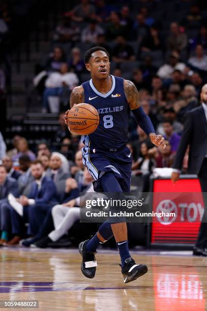 MarShon Brooks of the Memphis Grizzlies dribbles the ball against the Sacramento Kings at Golden 1 Center on October 24, 2018 in Sacramento,...