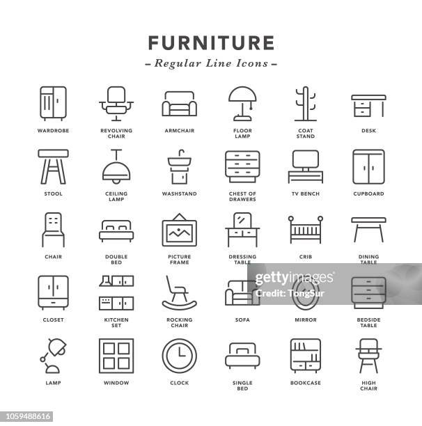 stockillustraties, clipart, cartoons en iconen met meubelen - regelmatige lijn pictogrammen - modelhuis interieur