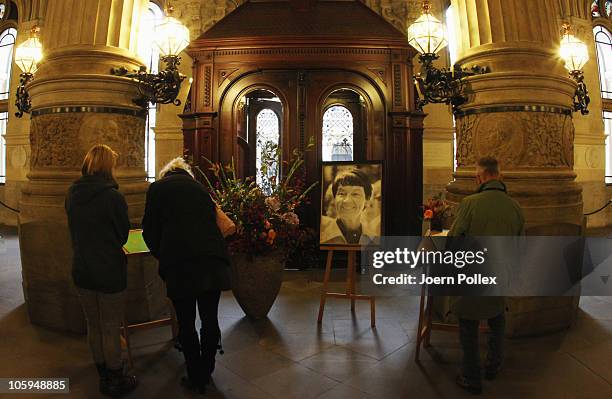 Citizen sign a book of condolence for Hannelore 'Loki' Schmidt at City Hall on October 22, 2010 in Hamburg, Germany.The wife of former German...
