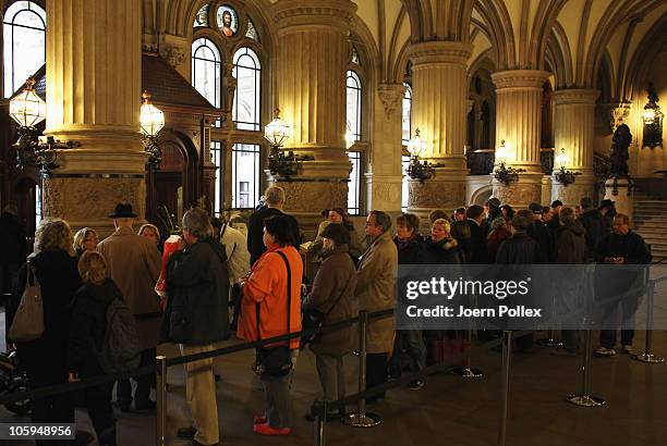 Citizen wait in line to sign a book of condolence for Hannelore 'Loki' Schmidt at City Hall on October 22, 2010 in Hamburg, Germany. The wife of...