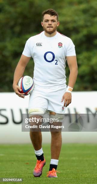 Zach Mercer looks on during the England captain's run at Pennyhill Park on November 9, 2018 in Bagshot, England.