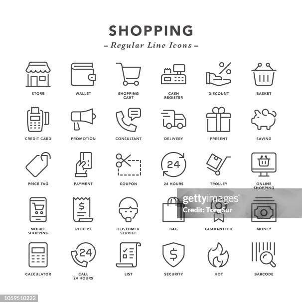 ilustraciones, imágenes clip art, dibujos animados e iconos de stock de compras - los iconos de línea regular - lista de la compra