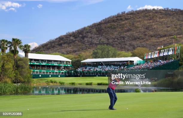 Sergio Garcia of Spain plays his second shot into the 18th green during the second round of the Nedbank Golf Challenge at Gary Player CC on November...