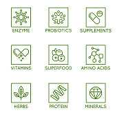 Vector set of icons and badges for packaging for natural health products, vitamins, supplements