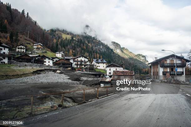 The city of Rocca Pietore, italian Dolomites, Belluno Province, with the Serrai di Sottoguda destroyed and torn by bad weather on 7 November 2018.