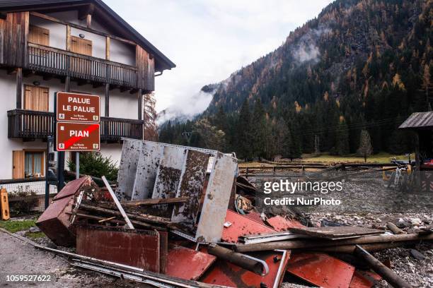 The city of Rocca Pietore, italian Dolomites, Belluno Province, with the Serrai di Sottoguda destroyed and torn by bad weather on 7 November 2018.