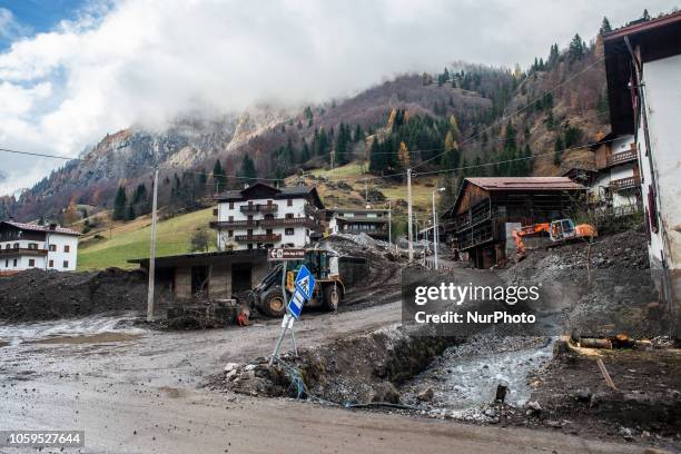 The city of Rocca Pietore, italian Dolomites, Belluno Province, with the Serrai di Sottoguda destroyed and torn by bad weather on 7 November 2018.