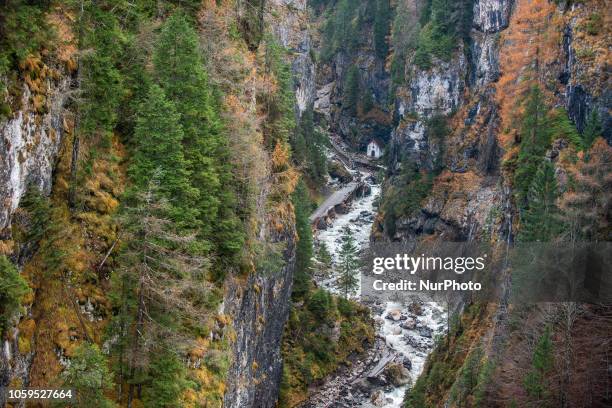 The city of Rocca Pietore, italian Dolomites, Belluno Province, with the Serrai di Sottoguda destroyed and torn by bad weather on 7 November 2018.