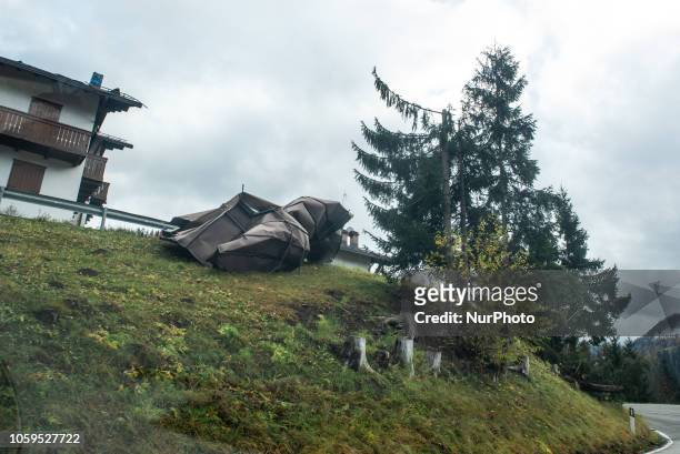 Uprooted trees after extreme winds of up to 190 kilometres per hour ripped through the Dolomites Mountains of Colle Santa Lucia, Belluno Province, in...
