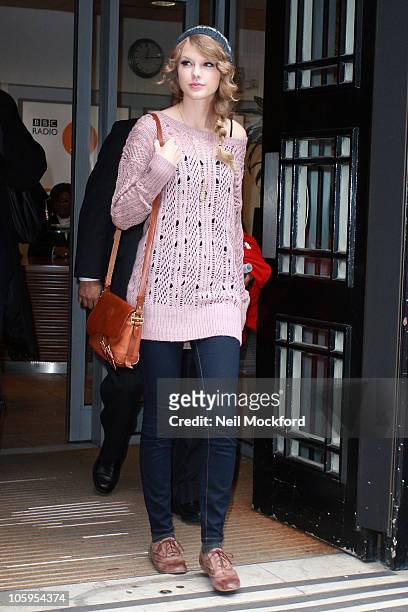 Taylor Swift sighted leaving BBC Radio 2 on October 22, 2010 in London, England.