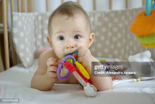 baby is playing with a rattle - baby rattle stock pictures, royalty-free photos & images