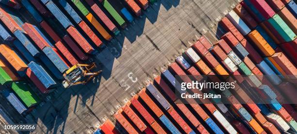 aerial view of container port - container stock pictures, royalty-free photos & images