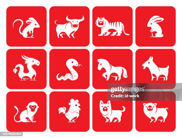 chinesisches sternzeichen tiere silhouette - chinesisches sternzeichen stock-grafiken, -clipart, -cartoons und -symbole