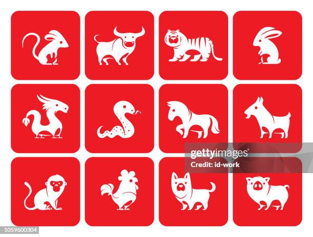 chinesisches sternzeichen tiere silhouette - chinesisches-sternzeichen stock-grafiken, -clipart, -cartoons und -symbole