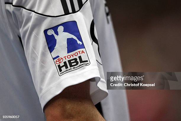 The official logo of the Toyota Handball Bundesliga is seen during the Toyota Handball Bundesliga match between HSG Ahlen-Hamm and THW Kiel at the...