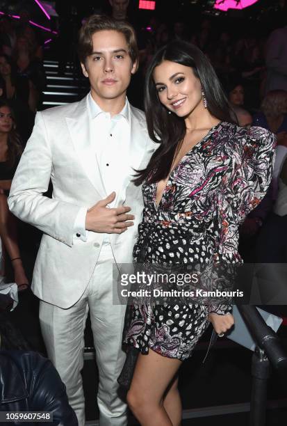 Dylan Sprouse and Victoria Justice attends the 2018 Victoria's Secret Fashion Show in New York at Pier 94 on November 8, 2018 in New York City.