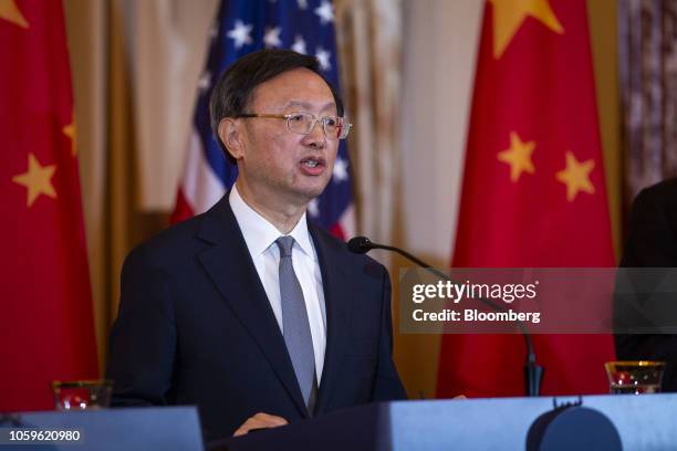 Yang Jiechi, China's Politburo member, speaks during a news conference at the State Department in Washington, D.C., U.S., on Friday, Nov. 9, 2018....