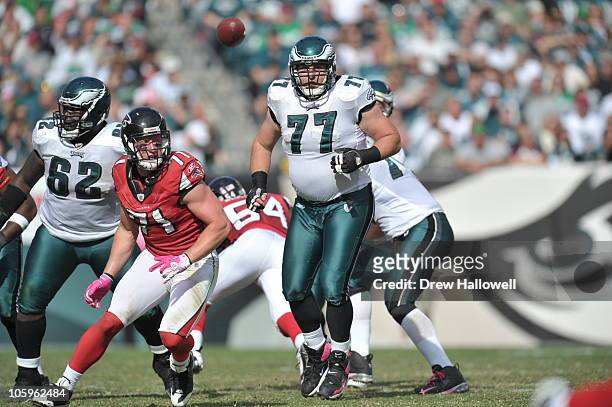Guard Mike McGlynn of the Philadelphia Eagles in action during the game against the Atlanta Falcons at Lincoln Financial Field on October 17, 2010 in...