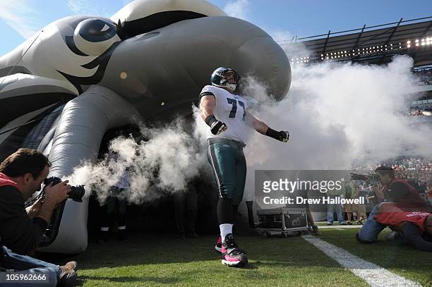 Guard Mike McGlynn of the Philadelphia Eagles walks onto the field before the game against the Atlanta Falcons at Lincoln Financial Field on October...