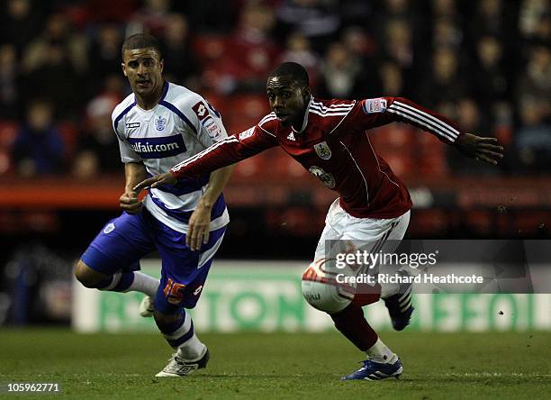 Danny Rose of Bristol battles with Kyle Walker of QPR during the npower Championship match between Bristol City and Queens Park Rangers at Ashton...