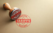 Wooden Tariffs Stamp Is Sitting On Recycled Paper Background