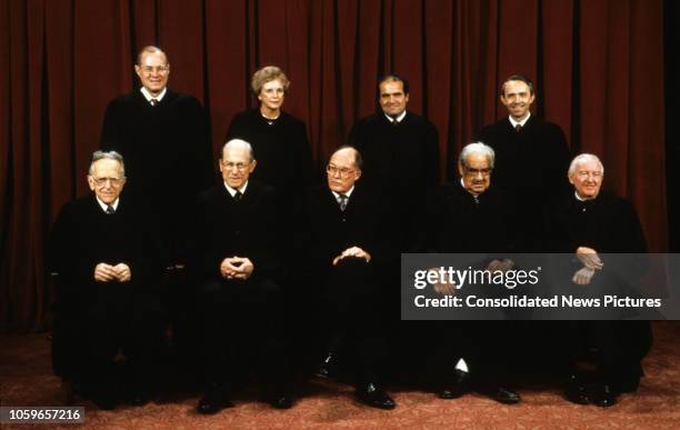 Formal portrait of the members of the United States Supreme Court, Washington DC, September 11, 1990. Pictured are, front row, from left, Associate...