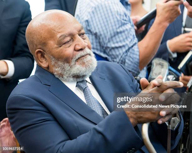 View of American retired professional football player Jim Brown in the White House's Oval Office, Washington DC, October 11, 2018.