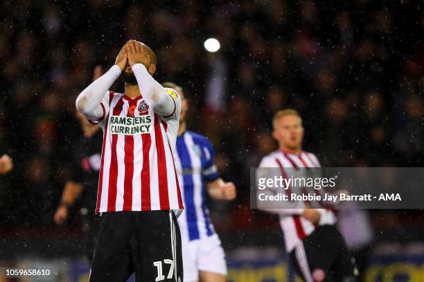 David McGoldrick of Sheffield United reacts after missing a penalty during the Sky Bet Championship match between Sheffield United and Sheffield...
