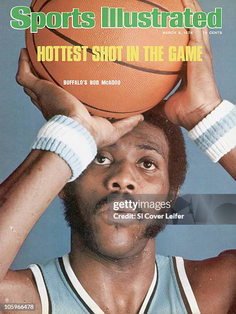 March 8, 1976 Sports Illustrated via Getty Images Cover: Basketball: Closeup portrait of Buffalo Braves Bob McAdoo with ball during photo shoot at...