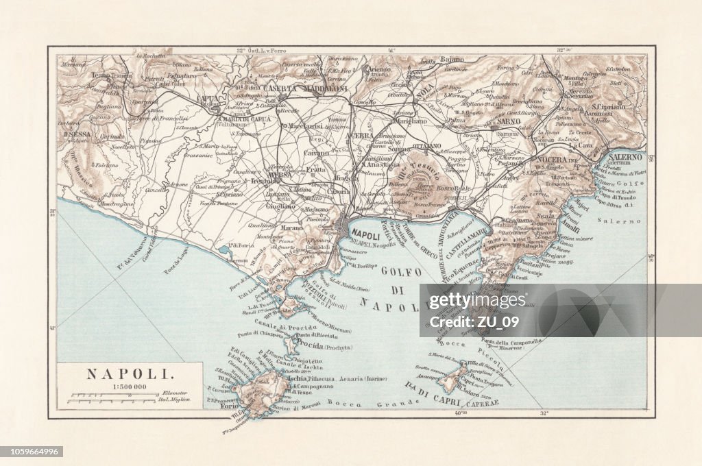 Map of Naples and surrounding, Campania, Italy, lithograph, published 1897