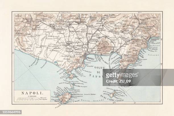 map of naples and surrounding, campania, italy, lithograph, published 1897 - gulf of naples stock illustrations