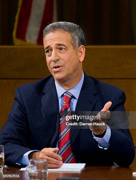 Senator Russ Feingold discuss' topics as he debates with Republican candidate Ron Johnson at Marquette University Law School October 22, 2010 in...